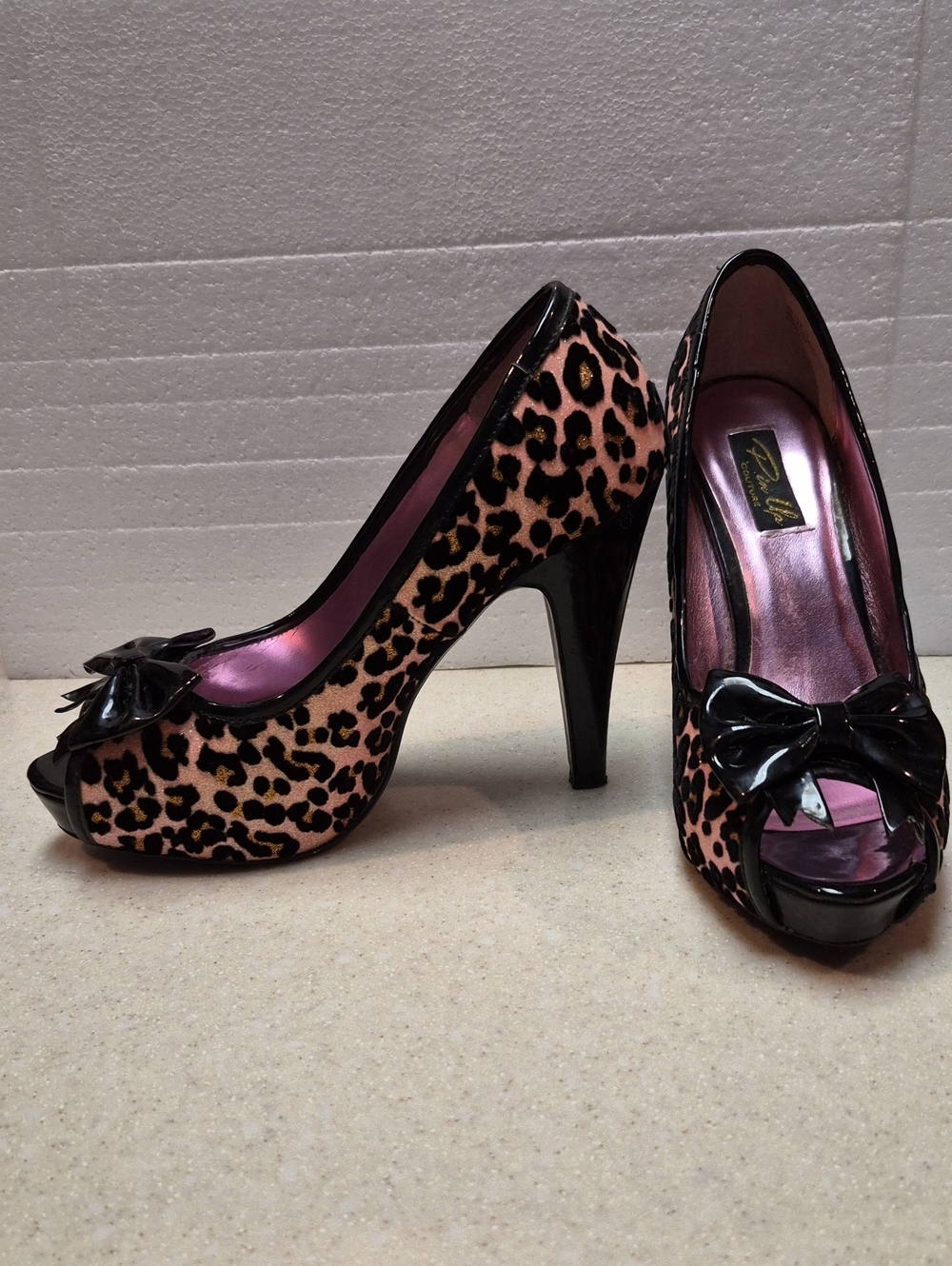 Leopard Print Peep-Toe Heels with Black Bow Pin Up Couture